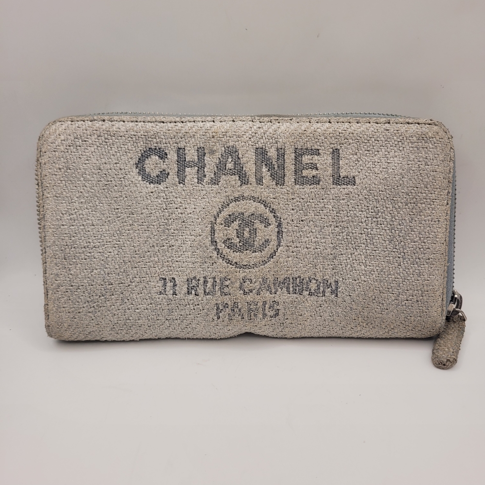 Chanel Tweed Canvas Deauville Zip Around Blue Gray Wallet
